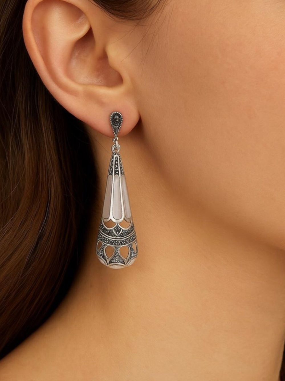 Sterling Silver (925) Mother of Pearl Marcasite Pierced Earrings from India